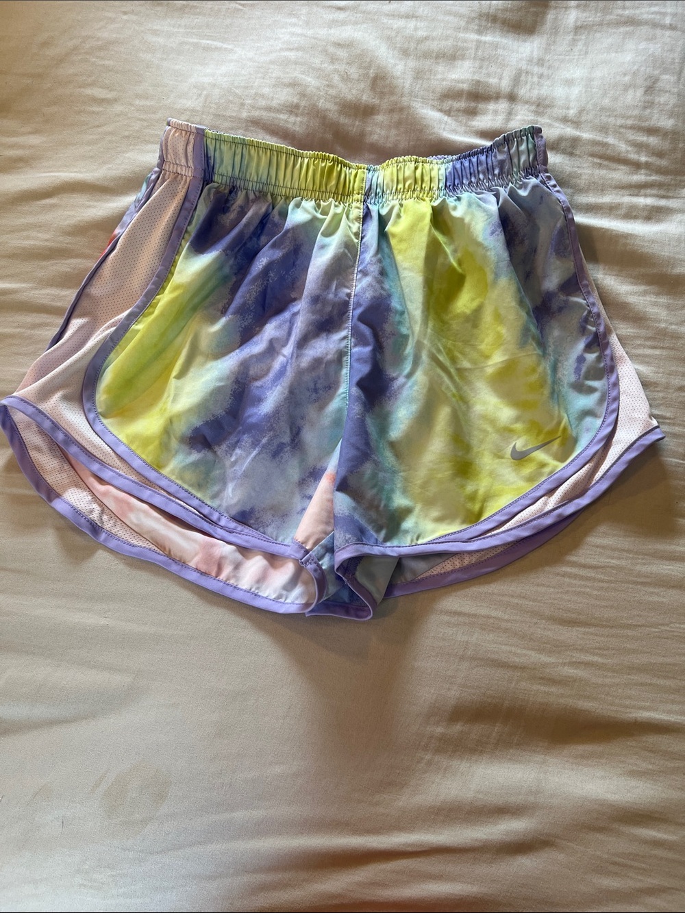Pastel Tie-Dye Athletic Shorts — Yellow, lavender, orange, aqua, Dri Fit